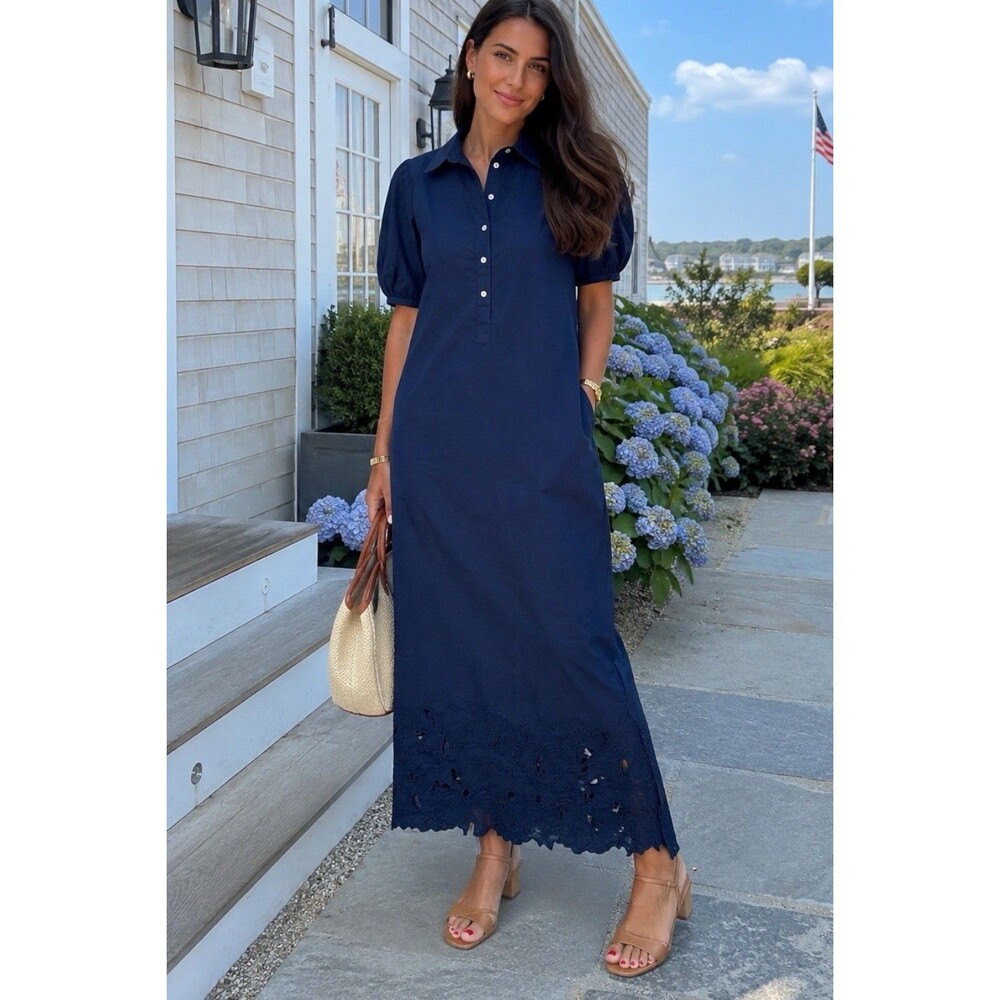 J Crew Tall Embroidered Shirt Dress Womens Blue Cotton Poplin Preppy Coastal - Picture 1 of 14